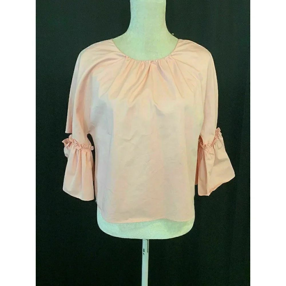 Zara Womens Solid Baby Light Pink Long Sleeve Baby Doll Blouse Top Cotton Small